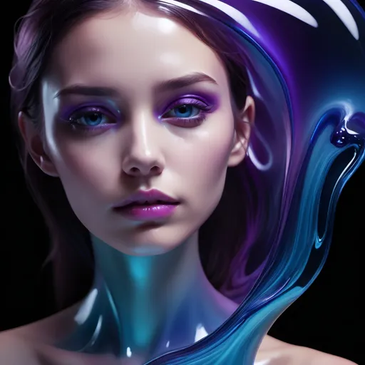 Prompt: Abstract glossy, fluid-like transparent blue purple, molten glass dynamic, dark backdrop, woman, portrait, face, liquid, high resolution, high definition, 8K, smooth, 