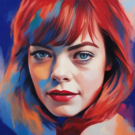 Prompt: Portrait Emma stone, fauvism, bright colors expressive brushstrokes, backdrop soft red blue gradient