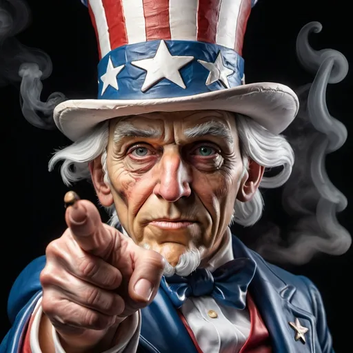 Prompt: create an image of uncle sam pointing at the viewer, smoking with smoke coming out of both nostrils. Make this image hyper realistic and high resolution