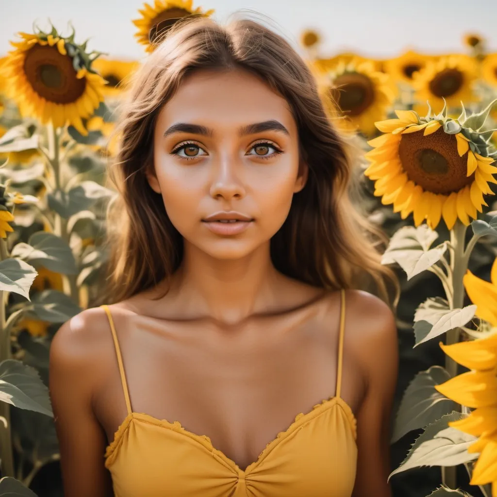 Prompt: Tan girl in yellow dress with sunflowers everywhere surrounding her and golden eyes