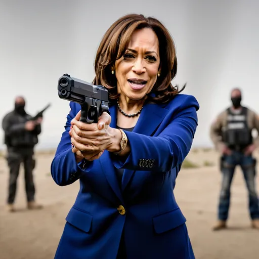 Prompt: Kamala Harris shooting gun towards camera