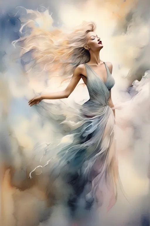 Prompt: Whimsical abstract watercolor painting. Medium shot. Marilyn Monroe with flowing locks and gown adorned with fantastical elements, strolling through clouds. Expressive brushstrokes. Soft, blended colors. Ethereal textures. Dreamy, surreal atmosphere. Watercolor technique, blended edges, subtle gradients, emotive expressionism, fantastical realism. Iridescent mist wraps around her hair. Feathery tendrils dance in the air. Gentle, warm light illuminates the scene. Soft focus, subtle blur, delicate washes, captivating, enchanting, vivid, imaginative, beauty, sensuality, elegance, mystique, fantasy, wonder, awe, magic.