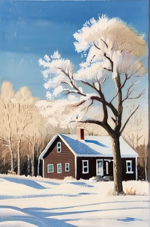 Prompt: This oil painting on canvas with visible brush strokes captures a serene winter scene featuring a snow-covered rural landscape. In the foreground, a narrow, snow-blanketed road stretches from the bottom left to the middle of the image, with patches of icy slush visible. To the right, a wooden house with a dark brown exterior and white-trimmed windows stands prominently. The house has a steep, snow-covered roof and a small chimney. Adjacent to the house, a yellow house with a similar snowy roof and white trim is partially visible. Both houses are surrounded by a blanket of white snow.

In the background, a tall, frost-covered tree stands out against the clear, bright blue sky. Another smaller tree, also coated in frost, is visible to the left. The trees' branches are laden with ice, giving them a sparkling appearance. The sunlight casts long shadows, indicating it is either morning or late afternoon. A utility pole is faintly visible in the far left background. The overall atmosphere is calm and quiet, with the crispness of the air and the purity of the snow creating a peaceful winter wonderland. The photograph is sharp and vivid, capturing the textures and colors of the snowy landscape in detail.