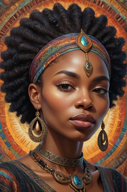 Prompt: (closeup portrait of a (black woman)), by Amanda Sage, intricate details, vibrant color palette, rich tapestry of hues, surreal and imaginative, dynamic use of light and shadow, captivating expression, ethereal atmosphere, fantastical elements, textured background, dreamlike ambiance, ultra-detailed, high resolution 4K.