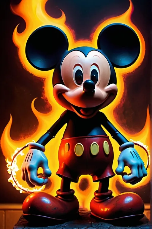 Prompt: (demonic Mickey Mouse engulfed in flames), Thomas Kinkade, Tim Burton, stylized demonpunk aesthetic, diffuse light, zoom effect, vivid oranges and reds, intense fiery atmosphere, luminous flames, dark mystical ambiance, surreal elements, chaotic background with twisted shapes, ultra-detailed 4K, high depth, masterful lighting and shading, dynamic composition, cinematic masterpiece, dramatic color contrasts, ethereal glow.