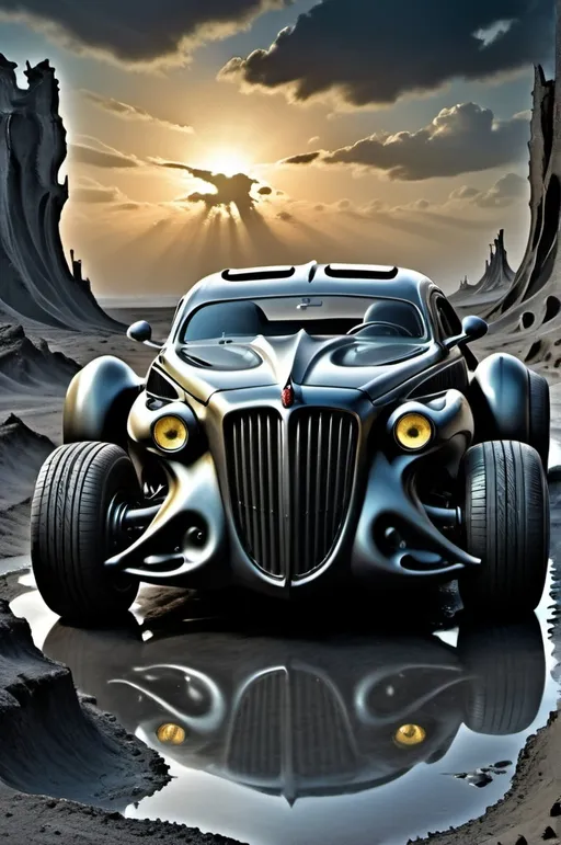 Prompt: Sleek, biomechanical hotrod, its body a twisted fusion of metallic and organic forms, as if grown from the very darkness, surrounded by a dreamlike, surreal landscape with melting, liquid skies and distorted, rippling roadways, reminiscent of H.R Giger's dark, industrial aesthetics and infused with the precise, detailed realism of his disturbing art, yet rendered in the unmistakable, symbolic, hyper-realistic style of Salvador Dali, with bold, vibrant colors and delicate textures.