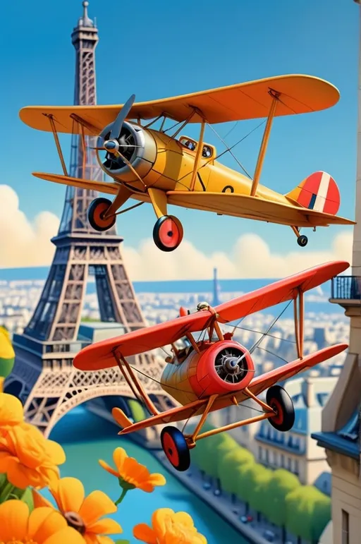 Prompt: Cartoon art in the style of Hergé, a whimsical scene of a WW1 biplane flying between the legs of the Eiffel Tower, vibrant colors, clean lines, dynamic perspective, light-hearted atmosphere, detailed background of Paris, sunny day, masterpiece digital illustration 

