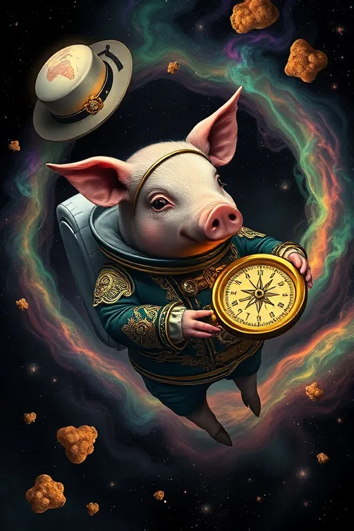 Prompt: A cosmic pig in a lavish, baroque-style space suit with gilded details and ornate patterns, floats serenely amidst a swirling, iridescent nebula made of truffle spores, evoking the surrealist dreamscapes of Salvador Dalí, René Magritte, and Mark Ryden's intricate, symbolic mysticism. The nebula's vibrant, tetradic hues of deep purples, rich greens, warm oranges, and bright yellows dance across the dark canvas of space, populated by ethereal objects – melting clocks, floating bowler hats, and spinning mechanical gears – suspended in mid-air like Alex Grey's visionary, psychedelic landscapes. The pig's gaze is fixed on the golden, antique compass it holds, pointing towards a mysterious, translucent planet of crystallized truffle, shining like a beacon in the distance, reminiscent of H.R. Giger's biomechanical, cosmic vistas.