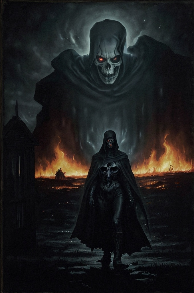 Prompt: A haunting and chilling illustration by Greg Rutkowski Kandinsky depicting the grim reaper watching the dark events unfolding in Salem. A witch is engulfed in flames, her silhouette stark against the night sky. The flames dance and cast eerie shadows, while the witch's desperate cries echo through the empty streets. The grim reaper's skeletal figure stands in the background, his cold gaze piercing through the chaos, symbolizing impending doom and judgment. The atmosphere in this scene is thick with fear, betrayal, and impending tragedy, as the dark events of Salem's history come to life.