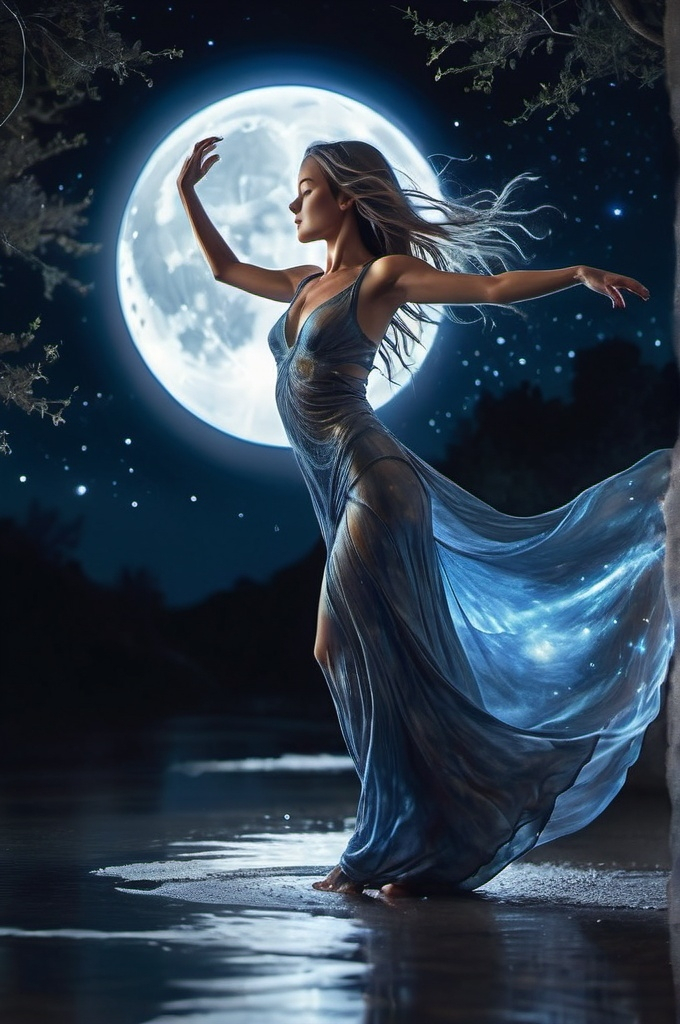 Prompt: (Ethereal liquid fire female being) dancing in the moonlight, cinematic, side view, blur effect, by Amanda Sage, radiant and glowing, surreal atmosphere, deep shadows and highlights, dark blue and silver tones, luminescent liquid fire elements, fluid motion, high depth of field, full moon, sparkling stars, serene and mystical, watercolor and digital blend, ultra-detailed, 4K, DSLR, telephoto lens