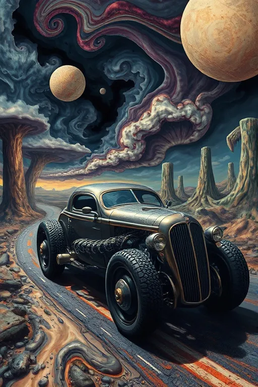 Prompt: Sleek, biomechanical hotrod, its body a twisted fusion of metallic and organic forms, as if grown from the very darkness, surrounded by a dreamlike, surreal landscape with melting, liquid skies and distorted, rippling roadways, reminiscent of H.R Giger's dark, industrial aesthetics and infused with the precise, detailed realism of his disturbing art, yet rendered in the unmistakable, symbolic, hyper-realistic style of Salvador Dali, with bold, vibrant colors and delicate textures.