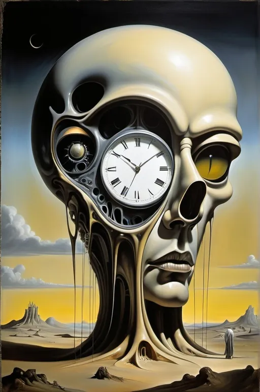 Prompt: Oil painting with visible brush strokes. A collaborative work by Salvador Dali med H.R. Giger, a surreal masterpiece blending Dali's melting clocks with Giger's biomechanical creations, creating a haunting yet captivating composition. The brush strokes are bold and deliberate, adding texture and depth to the artwork, showcasing the hand of the two iconic artists. The colors are a mix of Dali's dreamlike palette and Giger's dark, industrial tones, creating a unique and mesmerizing visual experience.

The scene is set in a surreal landscape, with distorted perspectives and impossible architecture reminiscent of Dali's subconscious realms. Giger's biomechanical elements merge seamlessly with Dali's organic forms, creating a juxtaposition of the natural and the artificial. The background is a blend of melting clocks, alien landscapes, and twisted figures, showcasing the surrealistic nature of the collaboration.

The mood of the painting is eerie and unsettling, with a sense of impending doom lurking beneath the surface. The intricate details and hidden symbolism invite the viewer to delve deeper into the twisted minds of Dali and Giger, unraveling the mysteries hidden within the brush strokes. The atmosphere is charged with tension and uncertainty, mirroring the conflicting styles and ideologies of the two artists.