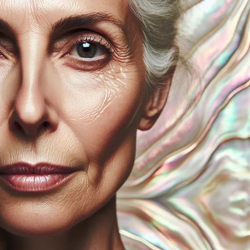 Prompt:  Close up mother of pearl portrait of mature woman on mother of pearl background 