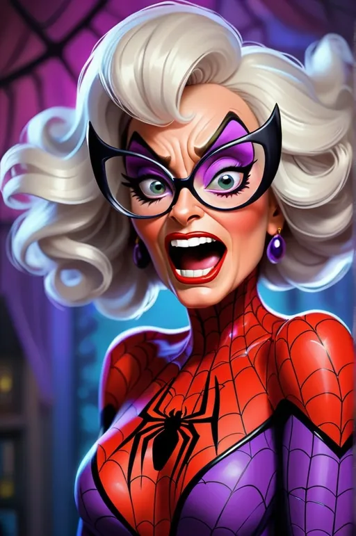 Prompt: Dame Edna as SpiderWoman, digital painting, vibrant and bold colors, humorously exaggerated features, high quality, comic book style, theatrical lighting, extravagant costume, detailed spiderweb patterns, expressive eyes, exaggerated makeup, larger-than-life persona, theatrical, vibrant colors, exaggerated features, comic book style, high quality, detailed spiderweb patterns, expressive eyes, theatrical lighting