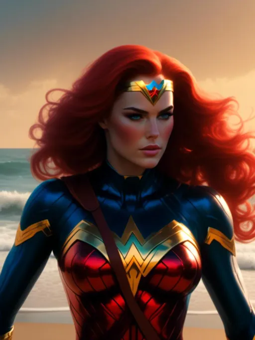 Prompt: <mymodel>Wonder Woman (superhero), standing confidently on a sunlit beach, wearing her iconic costume, vibrant red and blue colors, golden accessories, and starred motifs, waves gently crashing in the background, warm sunlight casting flattering shadows, a dreamy, uplifting ambiance, (ultra-detailed), (4K), (cinematic), beach scenery enhancing power and grace.