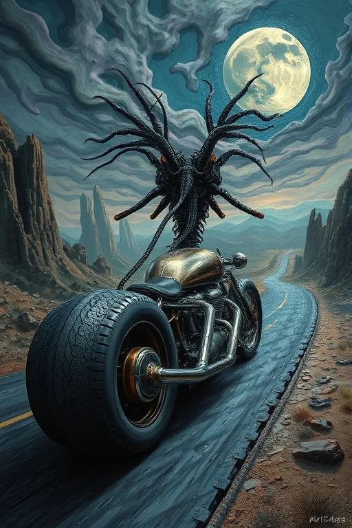 Prompt: Sleek, biomechanical hotrod, its body a twisted fusion of metallic and organic forms, as if grown from the very darkness, surrounded by a dreamlike, surreal landscape with melting, liquid skies and distorted, rippling roadways, reminiscent of H.R Giger's dark, industrial aesthetics and infused with the precise, detailed realism of his disturbing art, yet rendered in the unmistakable, symbolic, hyper-realistic style of Salvador Dali, with bold, vibrant colors and delicate textures.