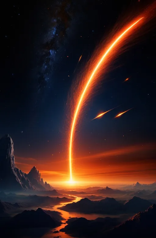 Prompt: (Giant meteor tumbling towards Earth), dramatic cosmic event, illuminated with a blazing trail of fiery orange and red, contrasted against a midnight blue star-speckled sky, immense and imposing, evoking a sense of impending doom, atmospheric tension, ultra-detailed, high-definition, breathtaking celestial scene, captivating visual anticipation.