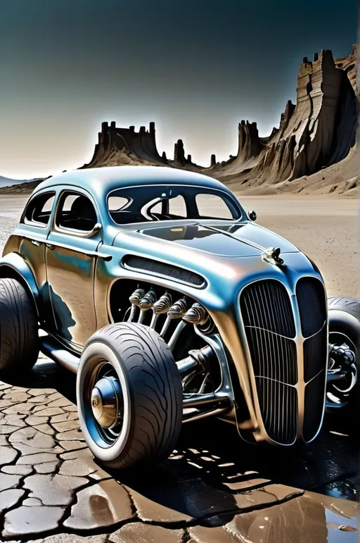 Prompt: Sleek, biomechanical hotrod, its body a twisted fusion of metallic and organic forms, as if grown from the very darkness, surrounded by a dreamlike, surreal landscape with melting, liquid skies and distorted, rippling roadways, reminiscent of H.R Giger's dark, industrial aesthetics and infused with the precise, detailed realism of his disturbing art, yet rendered in the unmistakable, symbolic, hyper-realistic style of Salvador Dali, with bold, vibrant colors and delicate textures.