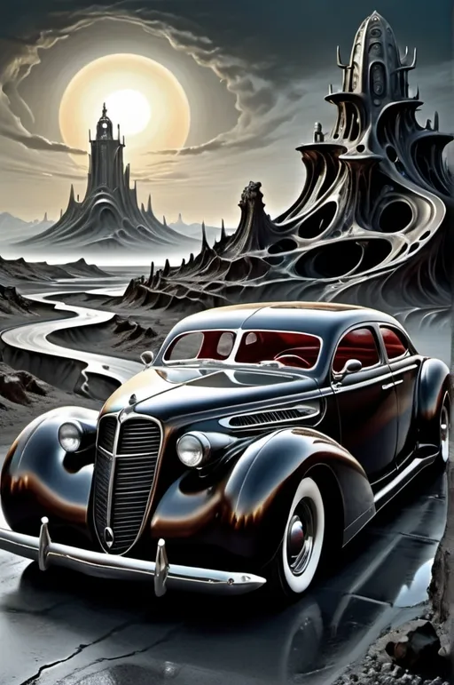 Prompt: Sleek, biomechanical hotrod, its body a twisted fusion of metallic and organic forms, as if grown from the very darkness, surrounded by a dreamlike, surreal landscape with melting, liquid skies and distorted, rippling roadways, reminiscent of H.R Giger's dark, industrial aesthetics and infused with the precise, detailed realism of his disturbing art, yet rendered in the unmistakable, symbolic, hyper-realistic style of Salvador Dali, with bold, vibrant colors and delicate textures.