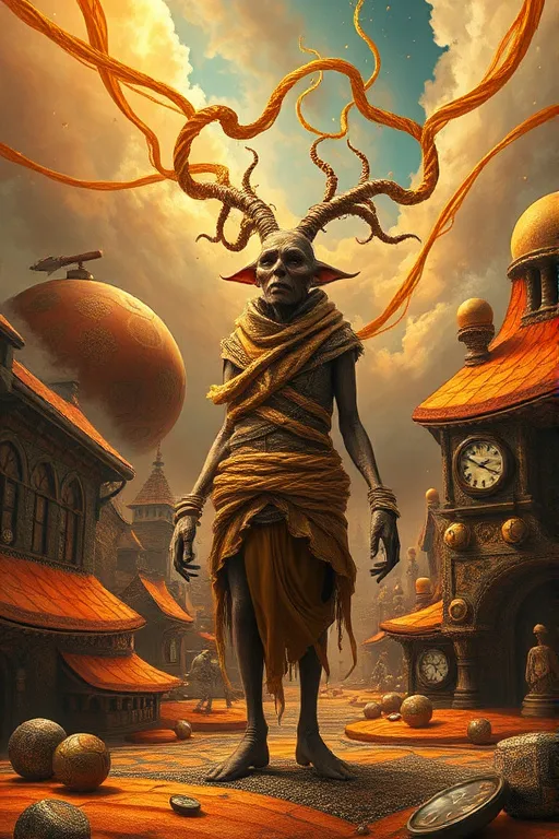 Prompt: Depict Rumpelstiltskin, a mystical figure with elongated limbs and distorted facial features, standing amidst a realm where fabric-like patches of terracotta, sienna, and amber mingle with molten timepieces and ethereal artifacts. His attire is a tapestry of woven golden threads, fluttering in the currents of a dreamlike atmosphere. The sky above is a kaleidoscope of warm hues, with floating strands of gold that twist and merge into impossible geometries, imbuing the scene with an air of magic and wonder, inspired by the surrealist masterpieces of Salvador Dali, Rene Magritte, and Kay Nielsen, with intricate digital brushstrokes and vibrant colors reminiscent of fantastical realms.