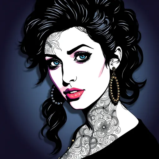 Prompt: Vibrant, abstract, portrait of Amy Winehouse, featuring intricate vector fractals and wave function patterns, blended with the mesmerizing, hand-drawn aesthetics of Zentangle, set against a three-dimensional background with subtle, shaded depth cues, reminiscent of the styles of Joshua Davis, László Moholy-Nagy, and Ash Thorp.