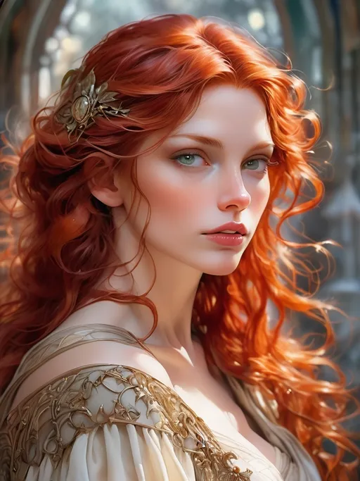 Prompt: The face of mature beauty, (close-up portrait), (red-haired), ethereal, glowing, high detail, soft lighting, romantic, fantasy, dreamy, cinematic, digital painting by J.C. Leyendecker, Luis Royo, and Stephanie Law, 4K resolution, imaginative background with fantastical elements, vibrant color tones, atmospheric, emotional, ultra-detailed, intricate textures, soft focus, highlights emphasizing ethereal beauty, warm tones, perfect complexion