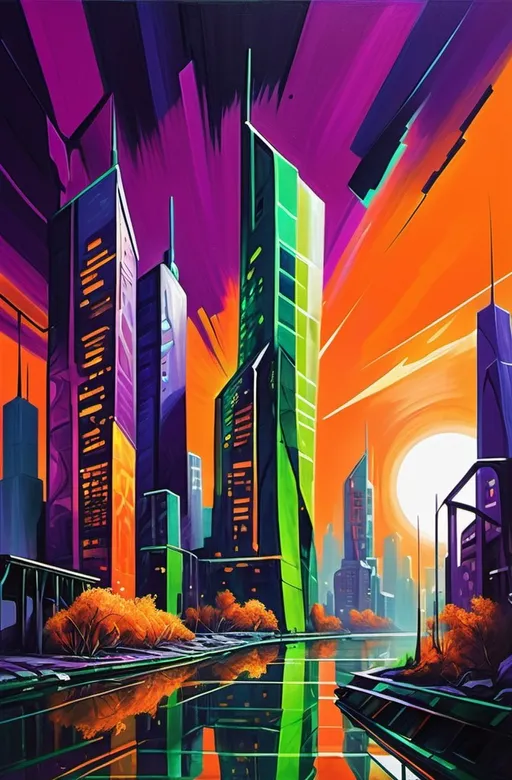 Prompt: **Art Prompt: "Echoes of Tomorrow"**

**Theme:** Post-apocalyptic world, Futurism
**Color Scheme:** Triadic (Deep Purple, Vibrant Orange, Electric Green)
**Medium:** Acrylic

**Concept:**

Depict a cityscape reclaimed by nature and time, with futuristic energy. Twisted skyscrapers made of reflective, metallic surfaces convey motion, as if crumbling and rebuilding. Show nature and technology intertwining harmoniously, with bioluminescent trees and abandoned futuristic vehicles. The background sky is a swirling canvas of Deep Purple and Vibrant Orange, suggesting destruction and renewal.

**Details:**

- **Structural Highlights:** Use thick, textured layers of acrylic for rough, weathered surfaces.

- **Nature's Glow:** Depict bioluminescent flora with Electric Green in a thin, transparent glaze.

- **Atmospheric Depth:** Employ a gradation technique to transition between the triadic colors in the sky.

**Objective:**

Explore the juxtaposition of decay and renewal, past and future, chaos and harmony. Capture the style, color scheme, and medium as specified.