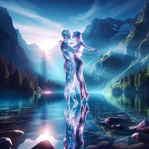 Prompt: A completely transparent man holding a completely transparent woman in his arms, suspended in the air just above the water of a mountain lake, ultra detailed, magnificent grazing lights, high definition and resolution, dramatic and enchanting moonlight, serene atmosphere, reflective clear waters, surrounded by towering mountains, natural colors with vibrant highlights, high quality (4K), intricate reflections, ethereal and captivating mood.