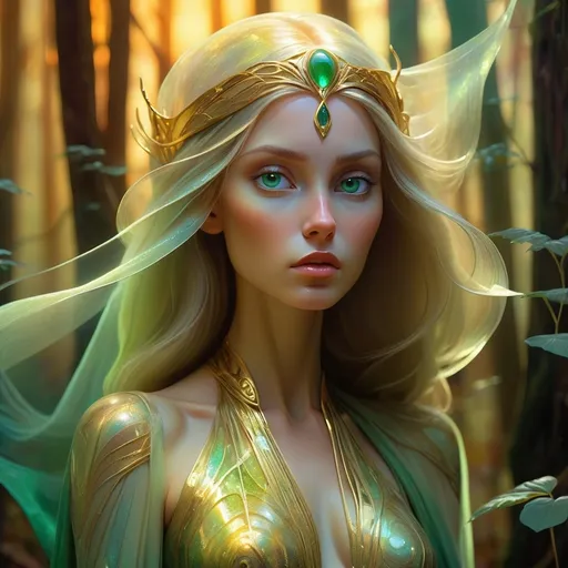 Prompt: Elf ranger in a mystical forest around sunlight. Close-up portrait of a luminous, delicate woman with an ethereal aura, draped in flowing, iridescent silk with intricate, swirling patterns reminiscent of Gustav Klimt's golden period, softly glowing, crystalline structures surrounding her, evoking the dreamlike quality of Zdzisław Beksiński's surrealist landscapes, amidst a rich, emerald green forest background, with warm, sunlit colors and soft, golden light, her head and shoulders bathed in an elegant, refined, Art Nouveau-inspired glow, as if illuminated by the luminous, holographic sheen of Syd Mead's futuristic concept art, her gentle expression serene and enchanting, set against a backdrop of shimmering mist, vibrant, triadic colors blending in a masterpiece of elegance, refinement, and subtlety, with incredibly detailed, delicate textures, in the style of a 8k resolution, oil painting, with a whimsical, fantasy atmosphere.