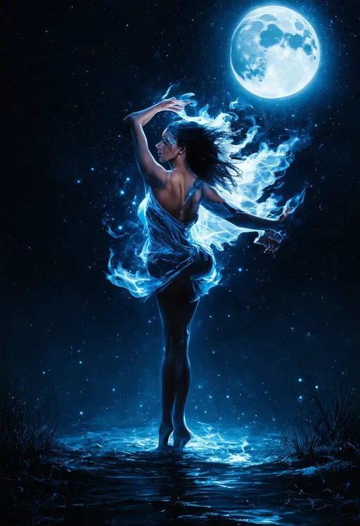 Prompt: (Ethereal liquid fire female being) dancing in the moonlight, cinematic, side view, blur effect, by Amanda Sage, radiant and glowing, surreal atmosphere, deep shadows and highlights, dark blue and silver tones, luminescent liquid fire elements, fluid motion, high depth of field, full moon, sparkling stars, serene and mystical, watercolor and digital blend, ultra-detailed, 4K, DSLR, telephoto lens