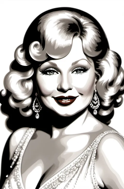 Prompt: Portrait. Illustrate a pencil sketch of Mae West, highlighting her iconic look with a playful smile and elegant pose. Capture the details of her attire and hairstyle, using light and shadow to create a sense of movement and vitality in this artistic portrayal of her spirit.