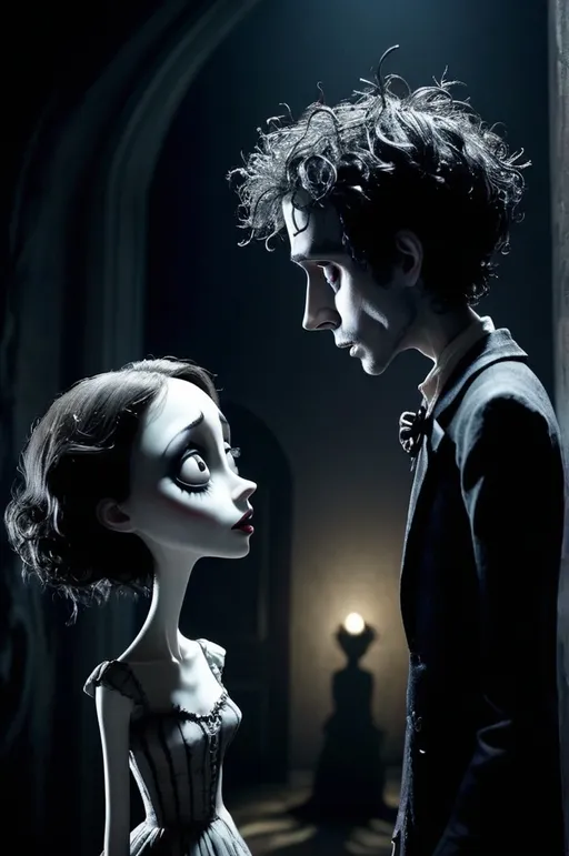 Prompt: A conflicted protagonist torn between two lovers in a Tim Burton-inspired world, characterized by dark whimsy. The scene is set with dramatic cinematic lighting casting haunting shadows, intricate character designs reflecting raw emotions, all rendered in 4k resolution for a surreal atmosphere. Designed by the master of the macabre himself, Tim Burton, every detail tells a story, drawing viewers into a visually stunning expression of inner turmoil and complex relationships.