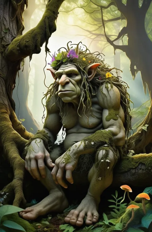 Prompt:  A serene forest troll slumbering peacefully amidst a tapestry of foliage, moss-covered roots, and vibrant wildflowers, surrounded by towering trees with gnarled branches and trunks adorned with fungi and lichen, as the soft, warm light of a sun-dappled forest floor casts dappled shadows on the troll's rugged, earthy skin, reminiscent of Amanda Sage's mystical and dreamlike style, with intricate details and textures, blending realism with a touch of mysticism and fantasy, in a muted color palette with earthy tones, accented with soft blues and purples, evoking a sense of tranquility and connection to nature.