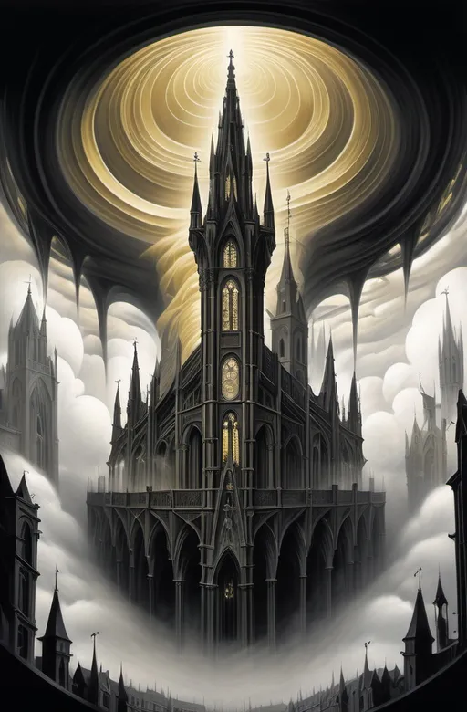 Prompt:  A colossal, ornate pot of gold, with Gothic cathedral-inspired architecture, emerges from a mystical, misty landscape, its twisted, Escher-esque spire reaching towards the sky like a dark, expressive charcoal sketch, while its handle unwinds like a fluid, dreamlike ribbon, reminiscent of Salvador Dali's surrealist art, entwining itself around the ethereal scenery. Iridescent, ghostly orbs, inspired by Rene Magritte's surrealist works, float around the pot, reflecting distorted, kaleidoscopic visions of the surroundings, with soft, feathery edges and subtle, shimmering luminosity. Within the pot's belly, a tiny, eerie universe unfolds, rendered in muted, cool charcoal tones, evoking the haunting, dreamlike quality of a Giorgio de Chirico cityscape, with delicate, lace-like textures and subtle, velvety shadows. A cascading waterfall of coins spills from the pot lid, morphing into a sinuous, serpentine river that navigates the surreal terrain, as a flock of birds, adorned with intricate, Escher-like patterns on their wings, emerge from the spout, adding to the otherworldly serenity of the scene, with delicate, lacy feathers and soft, gentle plumage.