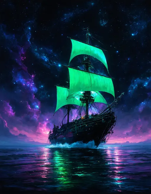 Prompt: Surreal, cinematic concept art. Medium shot. A majestic, glowing green bioluminescent sail ship glides through swirling dark matter in infinite space. Vibrant nebulas and swirling galaxies illuminate the ship, set against a cinematic, starry backdrop. Ethereal, glowing ambiance with deep blues and purples. Iridescent, shimmering sail details. Dramatic, colorful lighting. A masterpiece, 8k resolution digital painting. Highly detailed, with vibrant color contrasts. Immersive, otherworldly atmosphere. Inspired by sci-fi artists Greg Rutkowski and Simon Stalenhag. Dramatic, deep space lighting. Glowing, neon accents. Cosmic, infinite vistas.