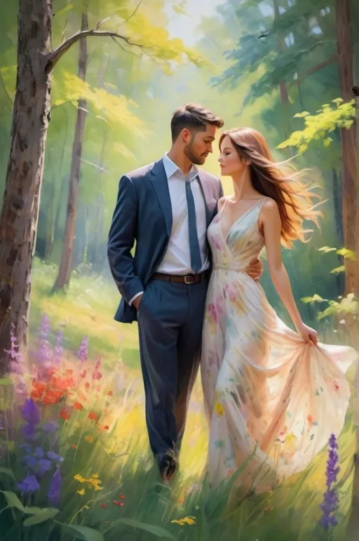 Prompt: Impressionist art, a stylish couple (romantic pose), serene woods with dappled sunlight filtering through trees, lush greenery adorned with colorful wildflowers, soft brush strokes emphasizing movement, dreamy atmosphere, warm pastel color palette, rich textures, elegant outfits with flowing fabrics, ultra-detailed, calamity-free background, immersive vibe capturing fleeting moments of love in nature's embrace.