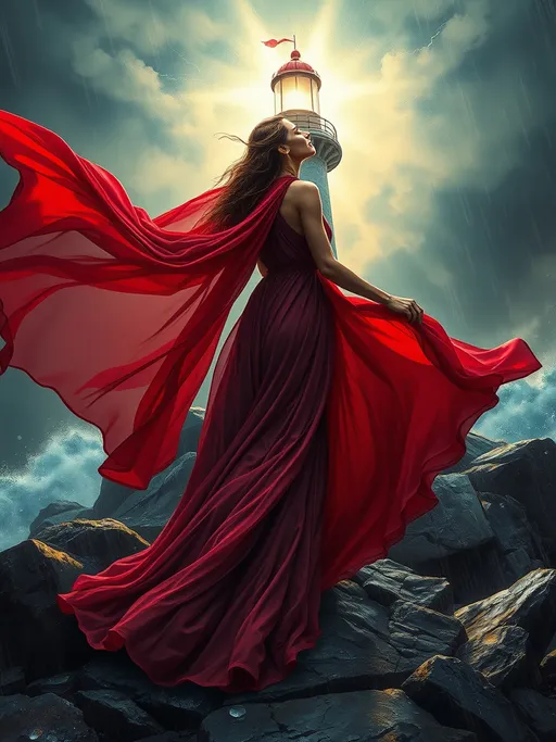 Prompt: A woman wearing a flowing crimson gown stands gracefully on rocky terrain at the base of an imposing lighthouse during a raging storm. Her attire flutters dramatically in the fierce wind as water droplets glisten in the electrified atmosphere. The evening light casts intricate shadows and highlights, enhancing the emotional intensity of the scene. This highly detailed digital painting, inspired by Carne Griffiths, features a masterful execution of dramatic lighting and an ethereal background that evokes a sense of awe and wonder.