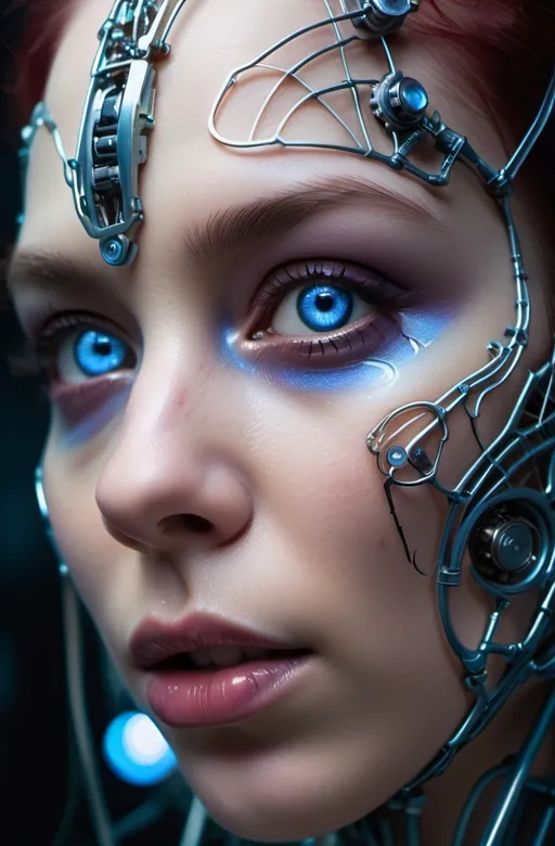 Prompt:  Extreme close-up of half a woman's face, metallic bionic enhancements exposed, circuitry and wires visible beneath synthetic skin, her eye a piercing shade of blue, with a hint of mechanical iris, her cheekbone and jawline augmented with a latticework of silver filigree, her lips a deep crimson, set in a determined expression, with a subtle glow emanating from the interface between her organic and artificial features, in the style of Julie Bell's fantastical realism, Tim Hildebrandt's mythic detail, and Tony Sart's biomechanical fusion, with a blend of hyper-real textures and intricate line work.