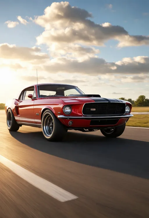 Prompt: A sleek, cherry red, 1968 Ford Mustang 500 GT Fastback muscle car, ((styled by H.R. Giger, speeding down a sun-drenched, vibrant, and meticulously detailed raceway, its tires scorching the asphalt, with a dynamic low-angle shot capturing the intense energy, set against a brilliant blue sky with puffy white clouds, illuminated by the golden glow of late afternoon sunlight, with realistic lighting casting dramatic shadows, and a cinematic atmosphere evoking the thrill of a high-stakes competition, beautifully rendered in a hyper-realistic masterpiece of digital art, with stunning textures, reflections, and shading, as if shot on location in 4k resolution with crystal-clear clarity, reminiscent of the style of digital artists like Ian McQue, Benjamin Huang, and Daniel Dociu.