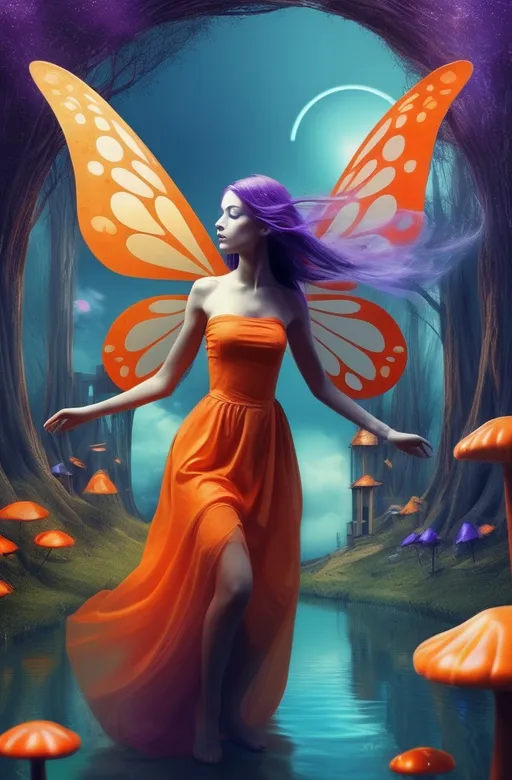 Prompt: Create a surrealist digital artwork based on a random fairy tale. 
Imagine a dreamscape where the boundaries between reality and fantasy are fluid. Your scene should feature two complementary colors as the primary palette (e.g., blue and orange, purple and yellow, or red and green). 
Visualize a central character from a random fairy tale in an unexpected, otherworldly scenario.
Incorporate abstract elements like floating clocks, melting foliage, and distorted, mirrored reflections to enhance the surreal atmosphere. Use light and shadow to create a sense of depth and mystery, guiding the viewer’s eye through this fantastical realm. - Style: surrealist; Color Scheme: complementary; Medium: digital.