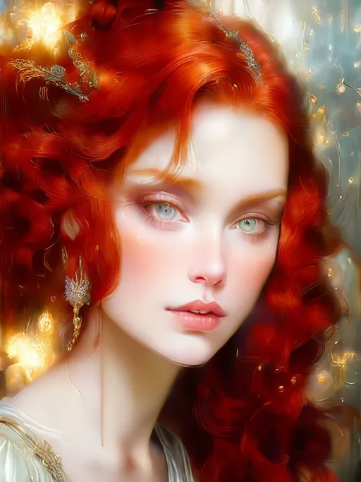 Prompt: The face of mature beauty, (close-up portrait), (red-haired), ethereal, glowing, high detail, soft lighting, romantic, fantasy, dreamy, cinematic, digital painting by J.C. Leyendecker, Luis Royo, and Stephanie Law, 4K resolution, imaginative background with fantastical elements, vibrant color tones, atmospheric, emotional, ultra-detailed, intricate textures, soft focus, highlights emphasizing ethereal beauty, warm tones, perfect complexion