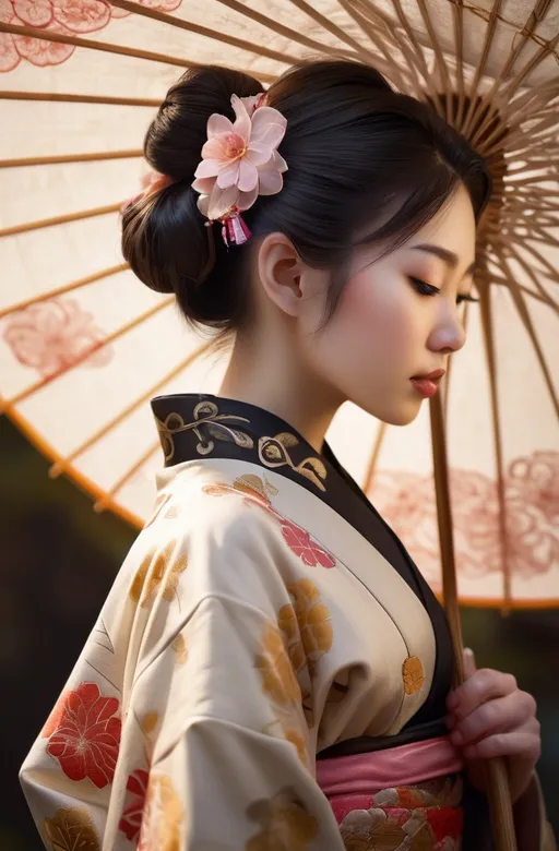 Prompt: A stunningly detailed, Asian-inspired feminine portrait illustration of a beautiful young woman in a traditional, ornate kimono with intricate floral patterns. She stands in profile, eyes gently closed, holding a large, tilted oil-paper umbrella above her head, with soft sunlight filtering through the translucent material. Her lustrous black hair is meticulously styled in an elaborate updo, adorned with delicate hairpins, lustrous beads, and ornate ornaments. The background features textured, vintage-style wall art with evocative Chinese and Japanese calligraphy, alongside faded ink wash paintings, bathed in warm, earthy tones. The requested style is a masterful blend of traditional Japanese and Chinese art and modern digital painting, emphasizing intricate detail, layered textures, and warm, golden hour lighting to evoke a serene and zen-like atmosphere. Achieved through a monochrome charcoal painting technique, this masterpiece showcases editorial illustration quality and cinematic composition.