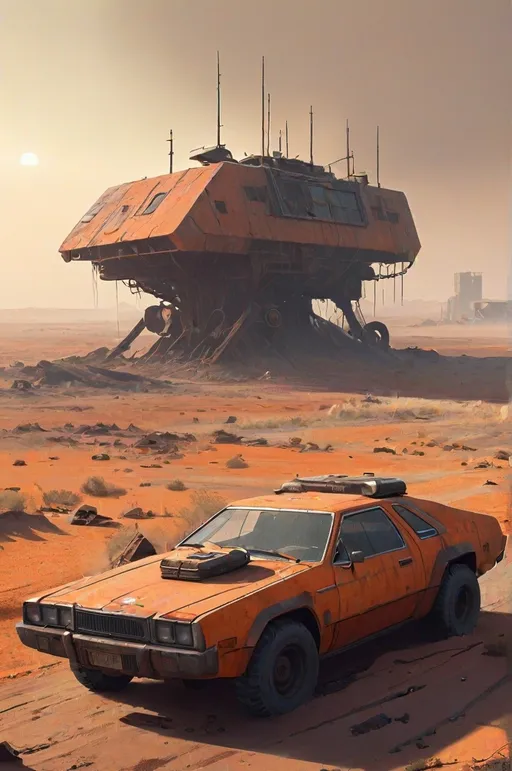 Prompt: Dystopian desert landscape with futuristic vehicles, post-apocalyptic, cyberpunk, gritty, desolate, harsh lighting, epic concept art by Simon Stålenhag and Daniel Dociu, 4k resolution, highly detailed

