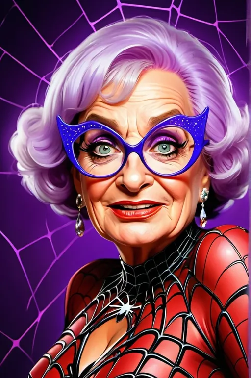 Prompt: Dame Edna as SpiderWoman, digital painting, vibrant and bold colors, humorously exaggerated features, high quality, comic book style, theatrical lighting, extravagant costume, detailed spiderweb patterns, expressive eyes, exaggerated makeup, larger-than-life persona, theatrical, vibrant colors, exaggerated features, comic book style, high quality, detailed spiderweb patterns, expressive eyes, theatrical lighting