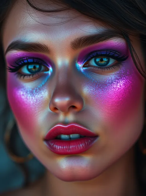 Prompt: Close-up portrait of a model with purple haze makeup, vibrant colors, intricate details, shimmering highlights, ethereal lighting, artistic expression, high-resolution, masterpiece digital art by Anselm Kiefer and Lisa Frank, soft bokeh background, 4k resolution
