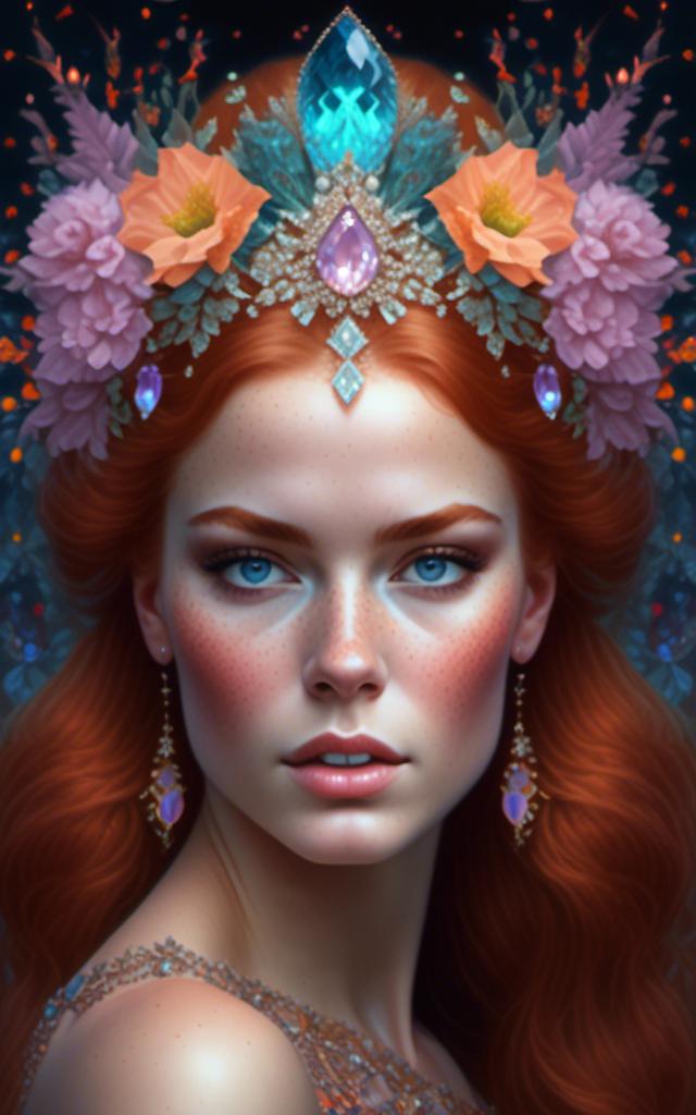 Prompt: <mymodel> Young Queen Elizabeth, Goddess, wearing a crystal crown, Beautiful eyes, Celestial, Mystical , Glamorous, very sparkly, Glitter, Beautiful, Magic, Fireflies, Fantasy, Intricate, Elegant, Highly detailed, Digital painting, Enchanting, elemental, High Fantasy, Fantasy UI elements, Beautiful clothes, Powerful, Hyperrealism, Bold colors, Bright colors