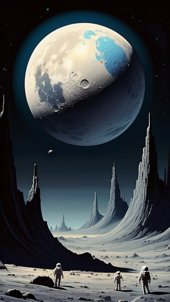 Prompt: Earth rise on the moon, (comic illustration style), low-key lighting, colorful with muted colors, (fine details), expressive lines, gritty textures, inspired by (Frank Franzetta:1.2), Peter Elson, and (Richard Corben), vast lunar landscape, dramatic shadows, celestial atmosphere, high quality, ultra-detailed, captivating and atmospheric.