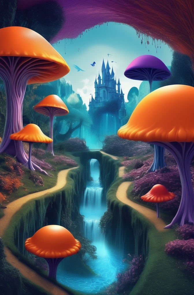 Prompt: Create a surrealist digital artwork based on a random fairy tale. 
Imagine a dreamscape where the boundaries between reality and fantasy are fluid. Your scene should feature two complementary colors as the primary palette (e.g., blue and orange, purple and yellow, or red and green). 
Visualize a central character from a random fairy tale in an unexpected, otherworldly scenario.
Incorporate abstract elements like floating clocks, melting foliage, and distorted, mirrored reflections to enhance the surreal atmosphere. Use light and shadow to create a sense of depth and mystery, guiding the viewer’s eye through this fantastical realm. - Style: surrealist; Color Scheme: complementary; Medium: digital.