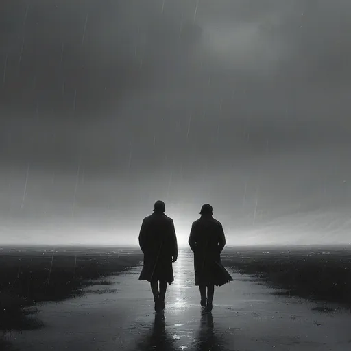 Prompt: Two strangers passing in the night, sad mood, black and white, emotional, monochrome, cinematic, minimalistic, atmospheric lighting, digital painting, concept art by Simon Stalenhag and James Jean, realistic shading

