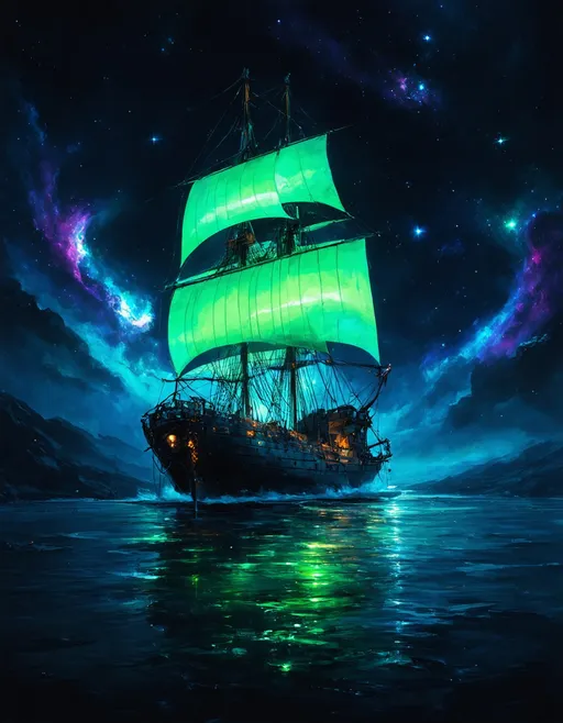 Prompt: Surreal, cinematic concept art. Medium shot. A majestic, glowing green bioluminescent sail ship glides through swirling dark matter in infinite space. Vibrant nebulas and swirling galaxies illuminate the ship, set against a cinematic, starry backdrop. Ethereal, glowing ambiance with deep blues and purples. Iridescent, shimmering sail details. Dramatic, colorful lighting. A masterpiece, 8k resolution digital painting. Highly detailed, with vibrant color contrasts. Immersive, otherworldly atmosphere. Inspired by sci-fi artists Greg Rutkowski and Simon Stalenhag. Dramatic, deep space lighting. Glowing, neon accents. Cosmic, infinite vistas.